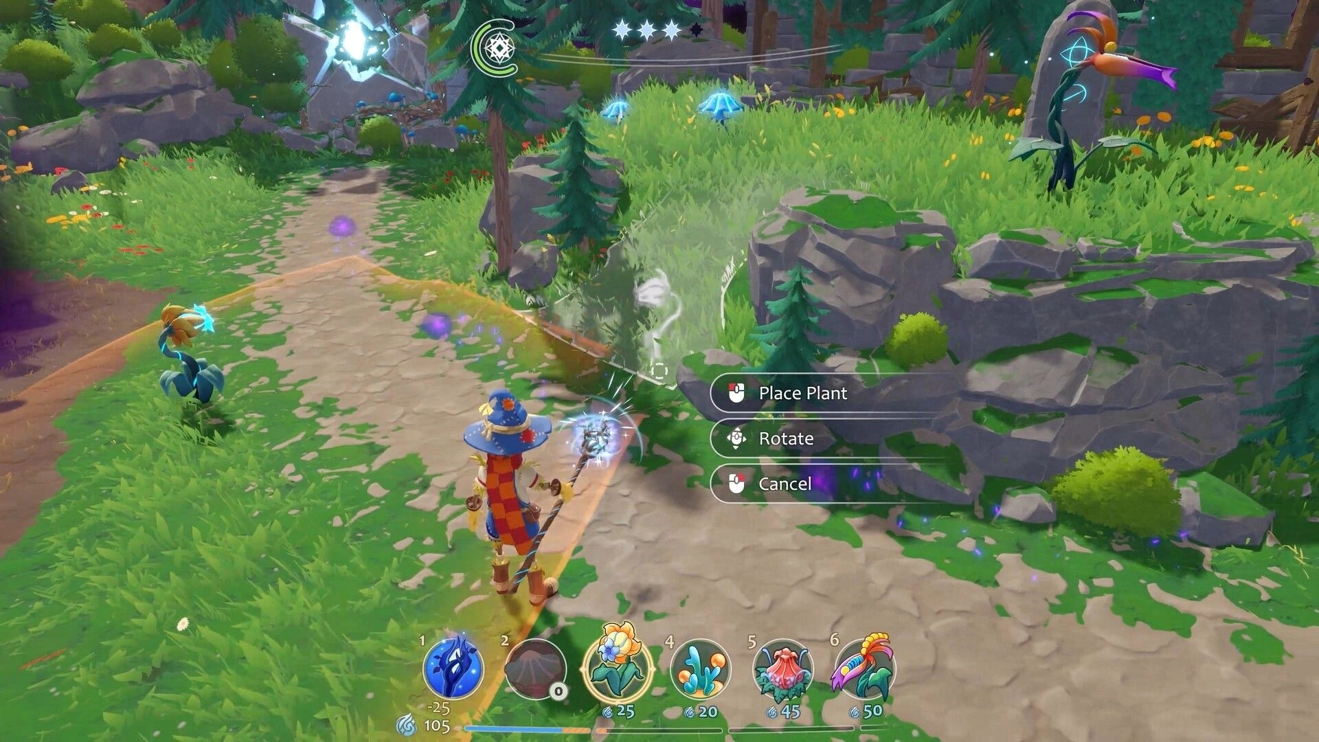 Growing Wild: Plant placement mode with Place/Rotate/Cancel UI on a forest path beside rocky ledges.