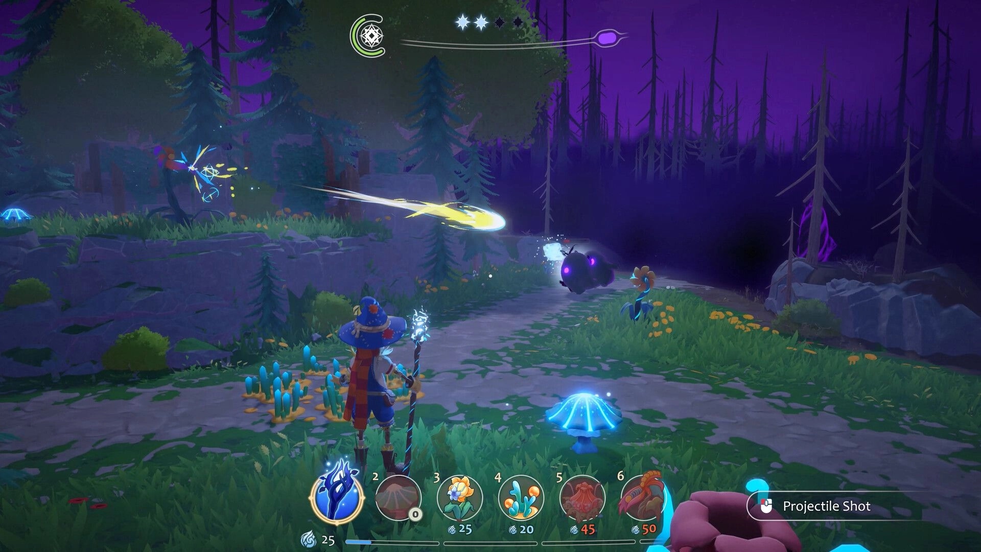 Growing Wild: Sprig fires a glowing projectile at a shadow orb on a forest path at night.