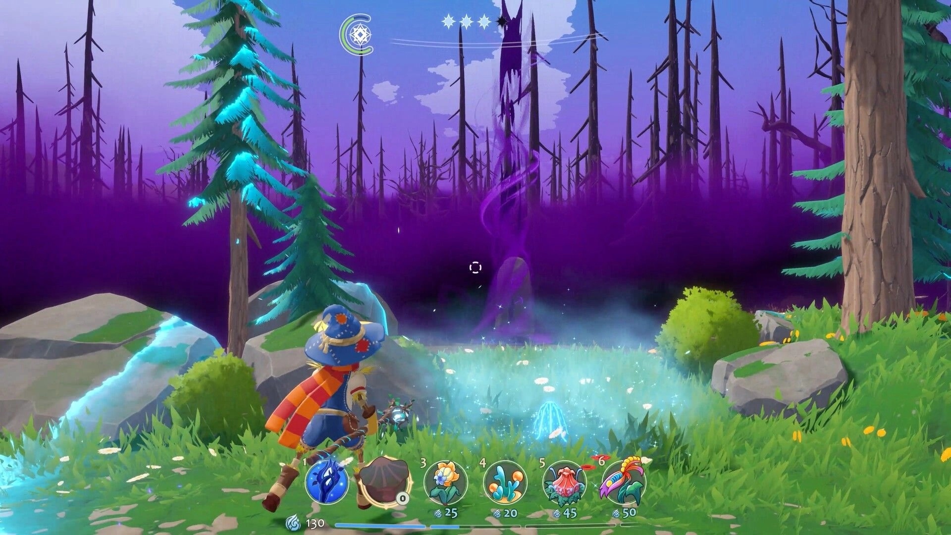 Growing Wild: Sprig aims at a purple corruption rift in a forest clearing with plant hotbar UI.