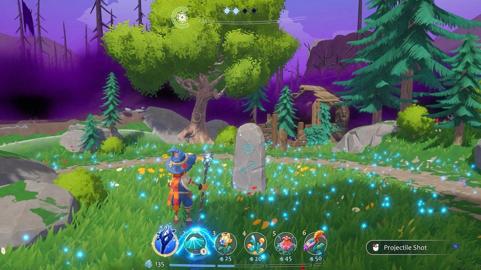 Growing Wild: Sprig aims a staff at a rune stone in a glowing meadow with ability hotbar UI visible.