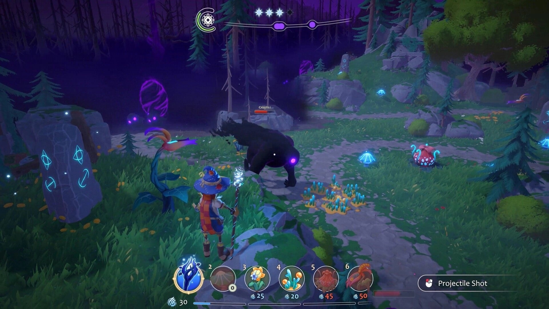Growing Wild: Sprig aims a staff at a shadowy bear enemy on a forest path, ability bar visible.