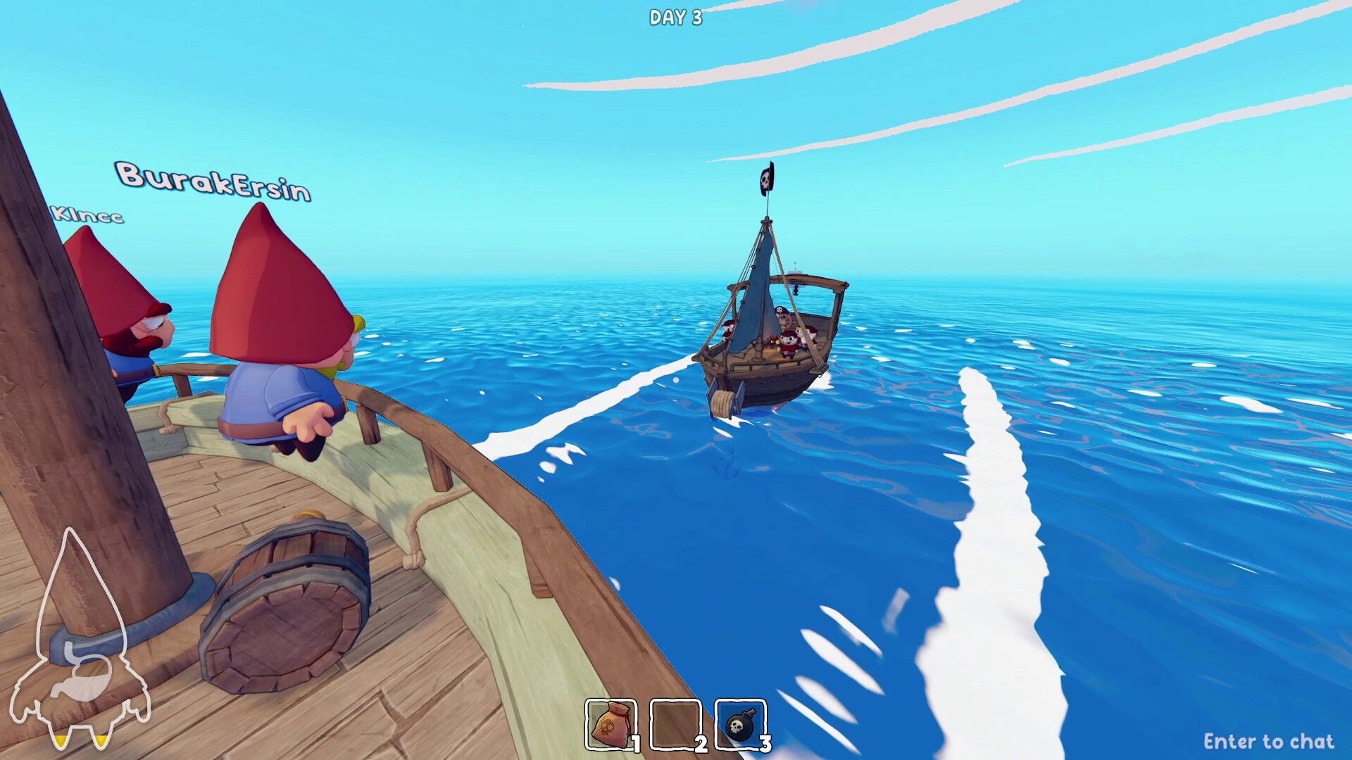 Grr Grr Gnomes: Two gnomes on a ship deck watch another boat on open sea, Day 3 UI visible.