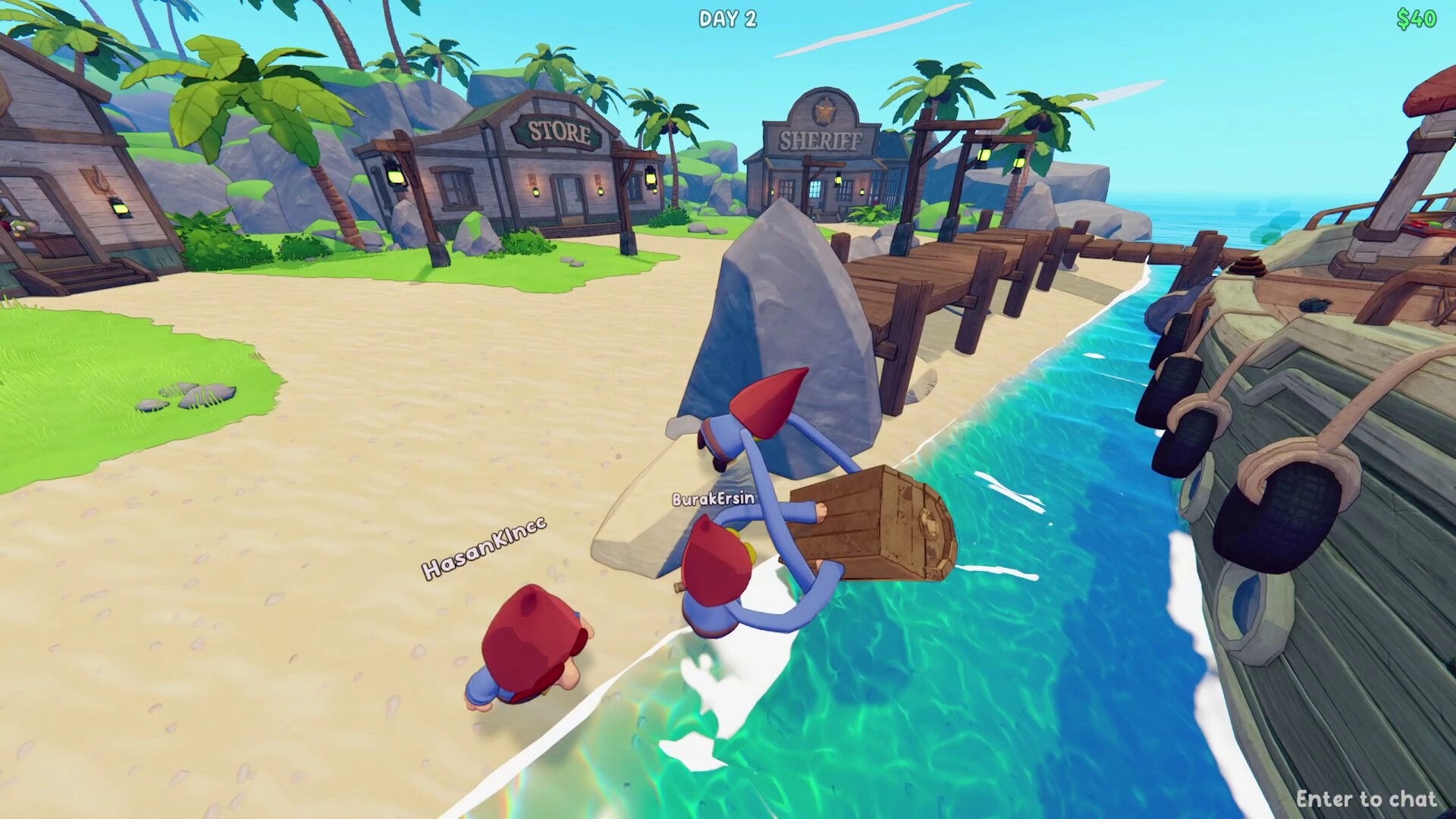 Grr Grr Gnomes: Two gnomes carry a crate by a dock near store and sheriff buildings on Day 2 UI.
