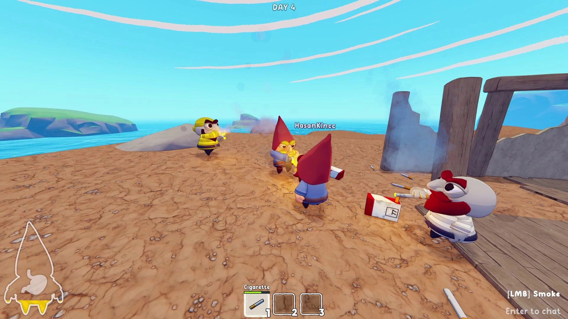Grr Grr Gnomes: Three gnomes smoke cigarettes near wrecked ship wall on beach, Day 4 HUD visible.