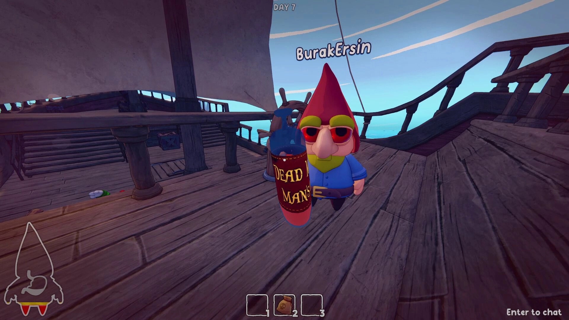 Grr Grr Gnomes: Player BurakErsin holds a Dead Mans rum bottle on a ship deck, Day 7 UI visible.