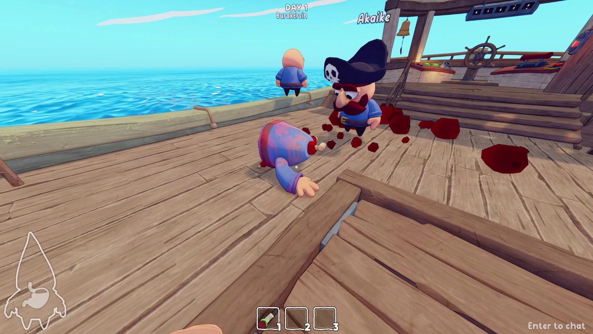 Grr Grr Gnomes: Gnome lies knocked out on ship deck beside pirate gnome, ocean and helm in view.