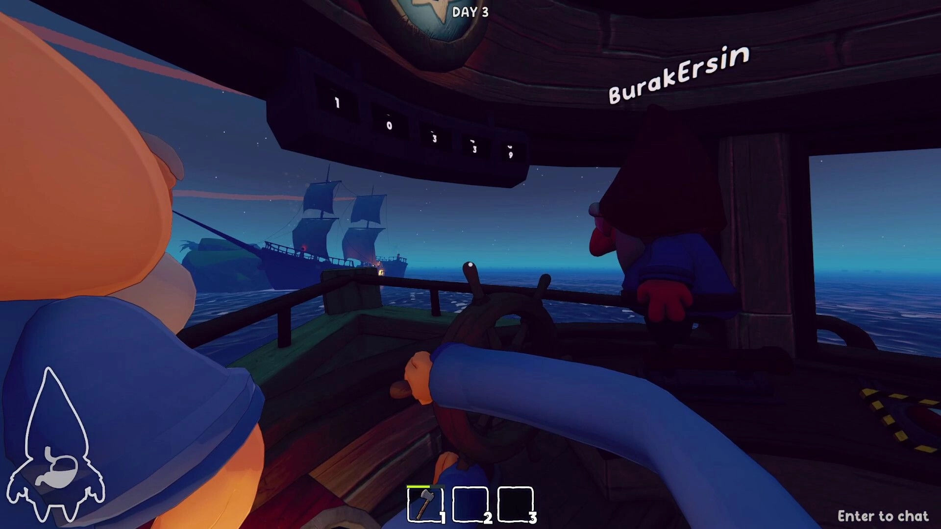 Grr Grr Gnomes: Steering a small boat at night toward a large ship, co-op name tag and hotbar UI.