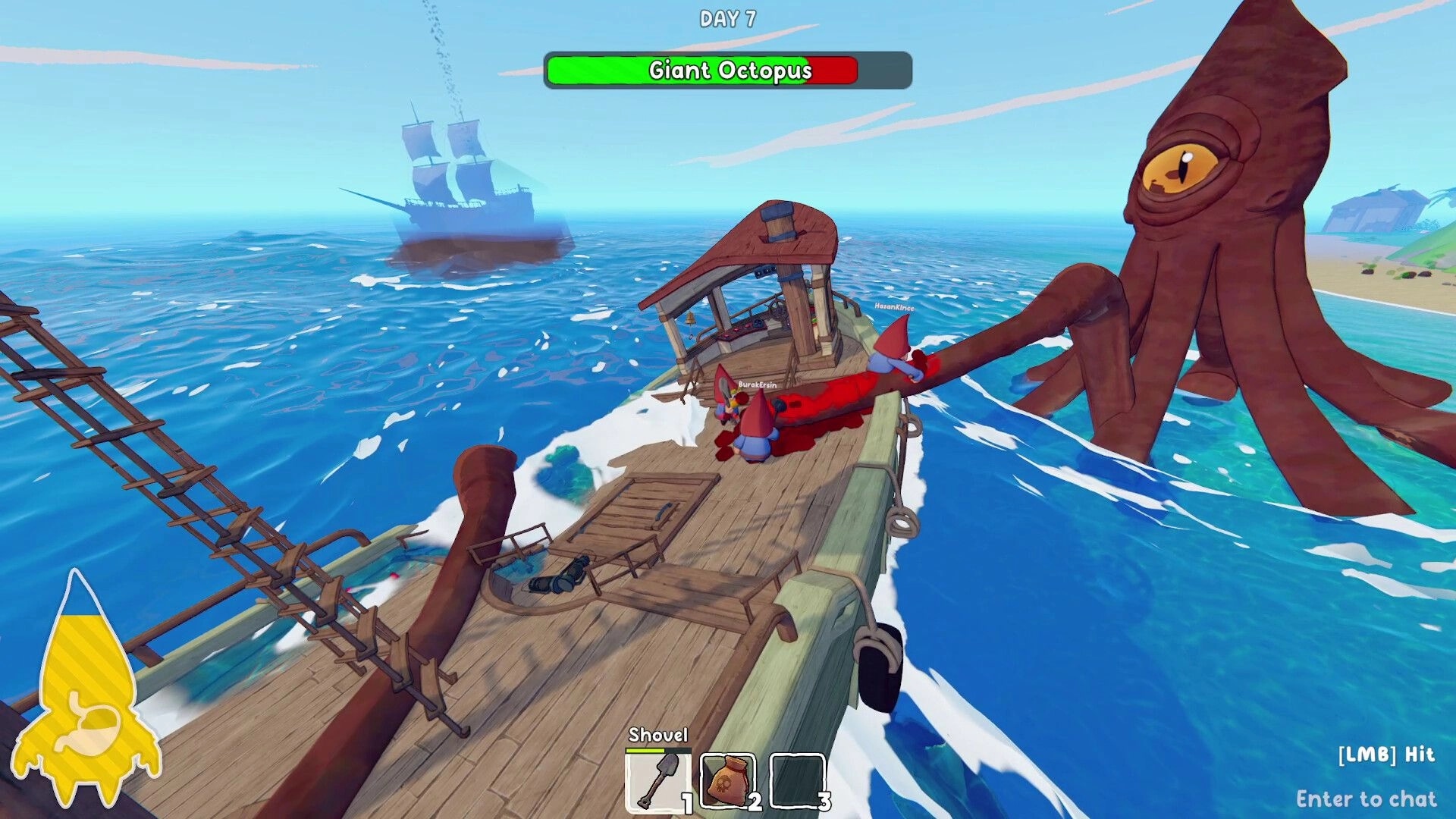 Grr Grr Gnomes: Gnomes battle a Giant Octopus as its tentacle grabs their ship on open sea.