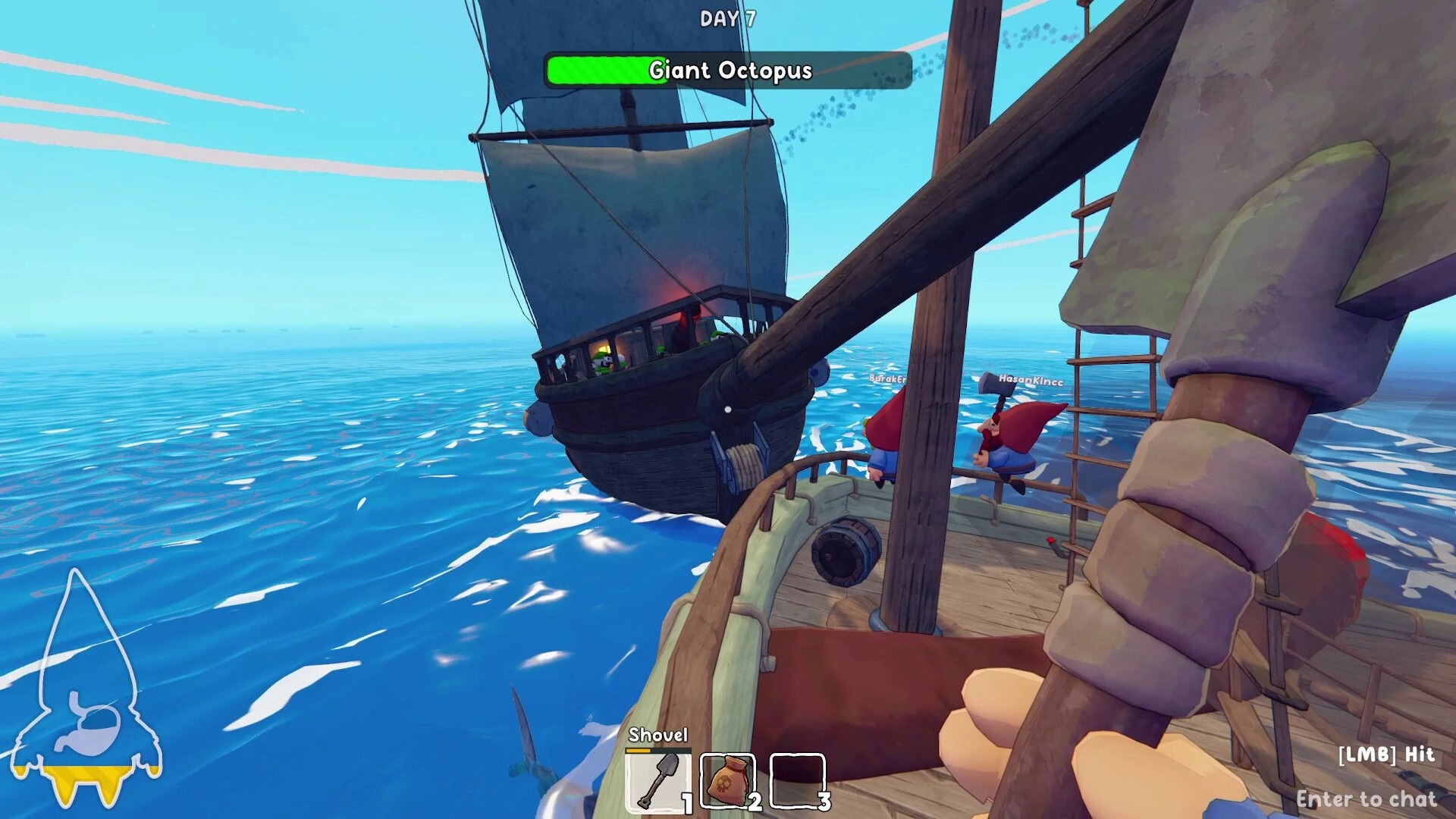 Grr Grr Gnomes: Giant Octopus boss bar as gnomes on a ship face another sailboat at sea.
