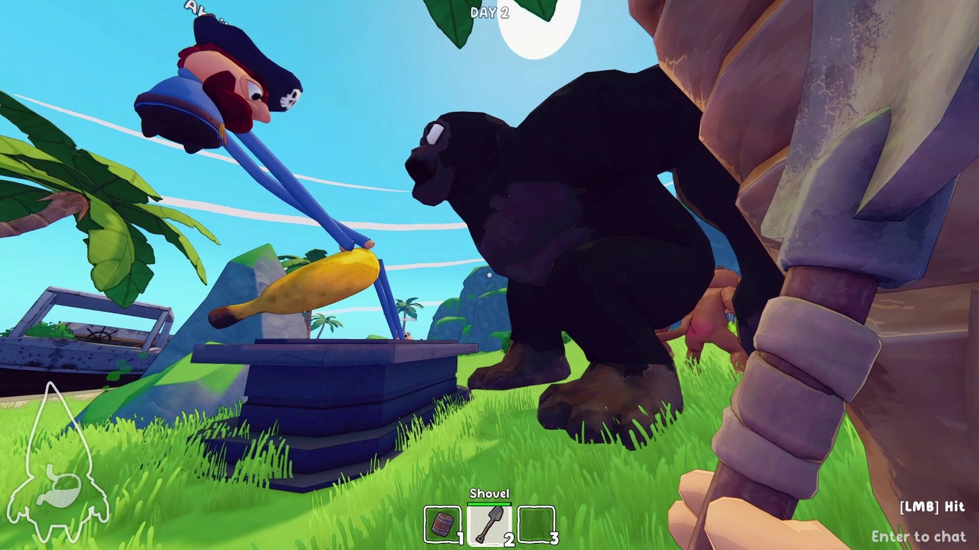 Grr Grr Gnomes: Player aims shovel at a big gorilla near a pirate gnome on a sunny island beach UI.
