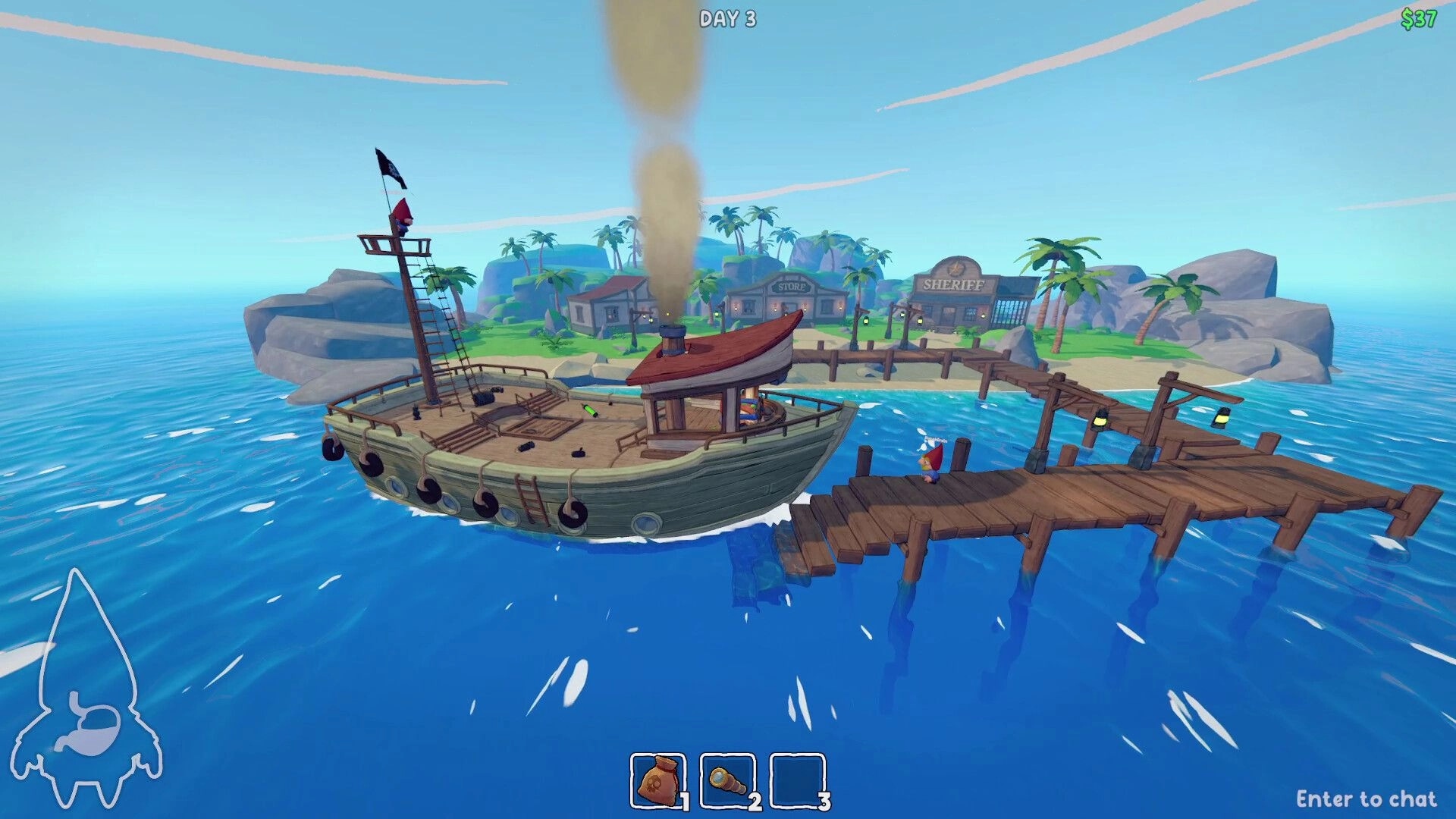Grr Grr Gnomes: Boat docks at island pier near Store and Sheriff buildings, Day 3 and $37 UI visible.
