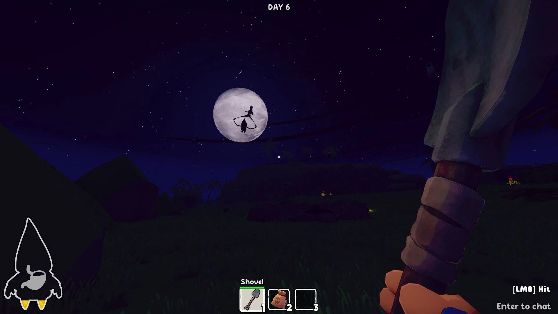Grr Grr Gnomes: First-person view holding a shovel at night under full moon, Day 6 HUD visible.