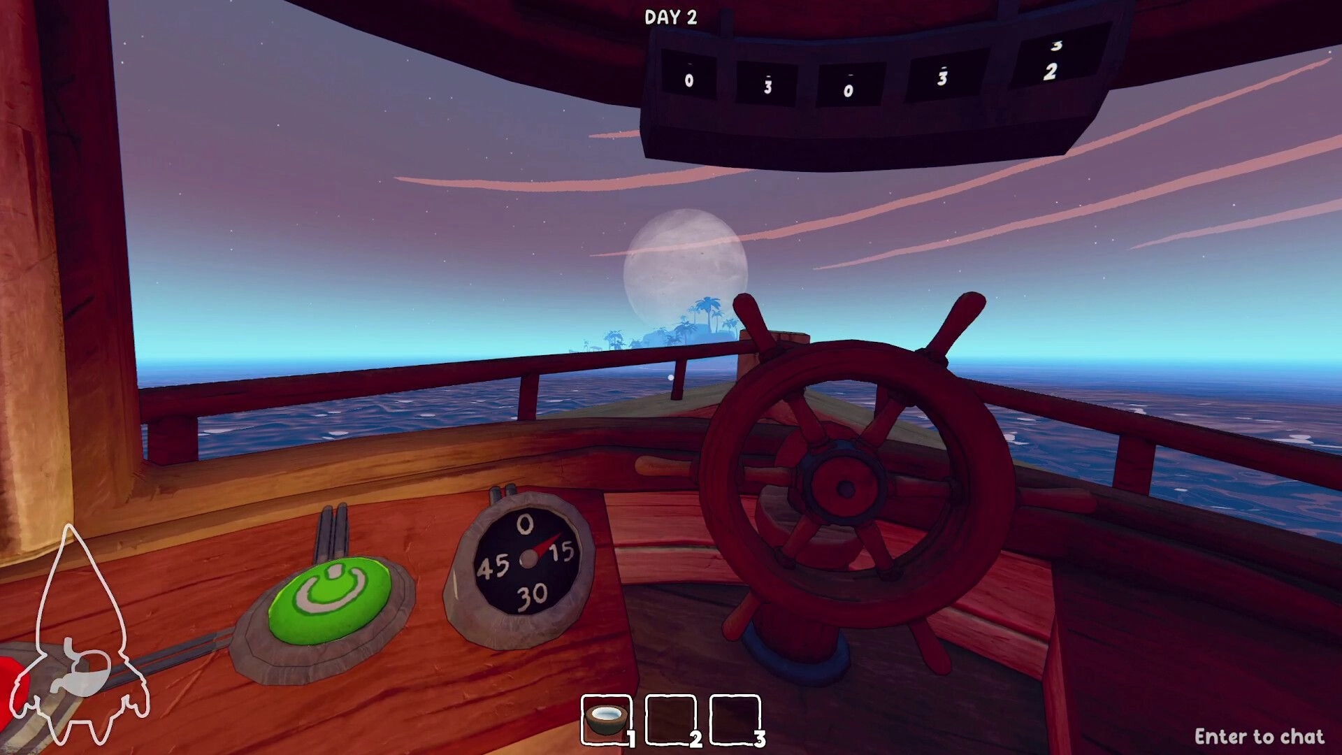 Grr Grr Gnomes: Steering wheel view on ship deck, DAY 2 UI, sailing toward moonlit island horizon.