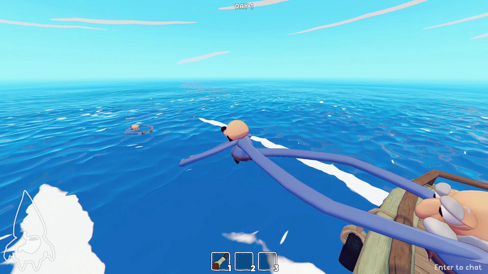 Grr Grr Gnomes: Gnome on a raft reaches toward a swimmer in open ocean, Day 1 UI and hotbar visible.