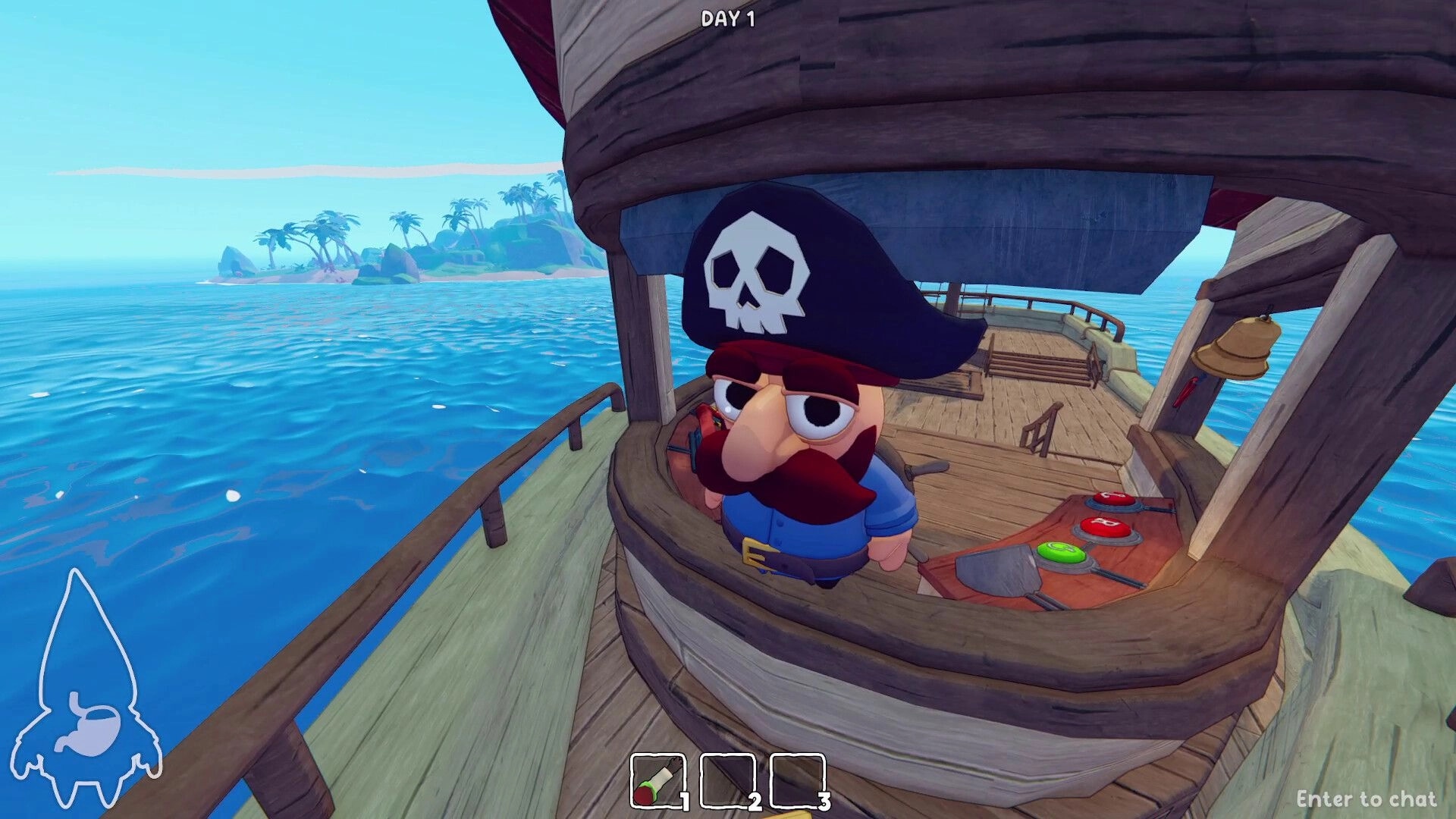 Grr Grr Gnomes: Pirate-hat gnome at ship helm by lever controls, sailing past palm island, Day 1 UI.