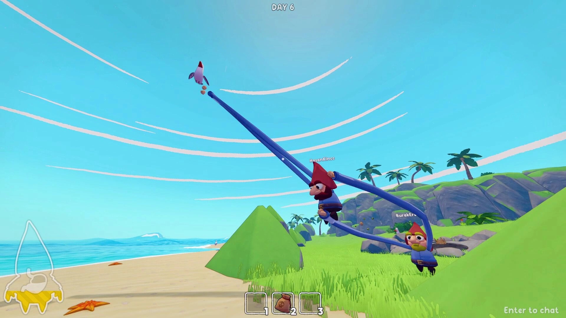 Grr Grr Gnomes: Two gnomes swing on a long pole near a beach and palm trees, Day 6 UI visible.