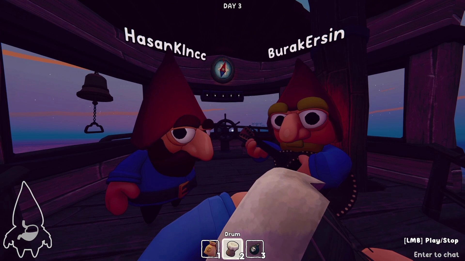 Grr Grr Gnomes: Two gnomes face the player on a ship deck, drum item selected, Day 3 UI shown.