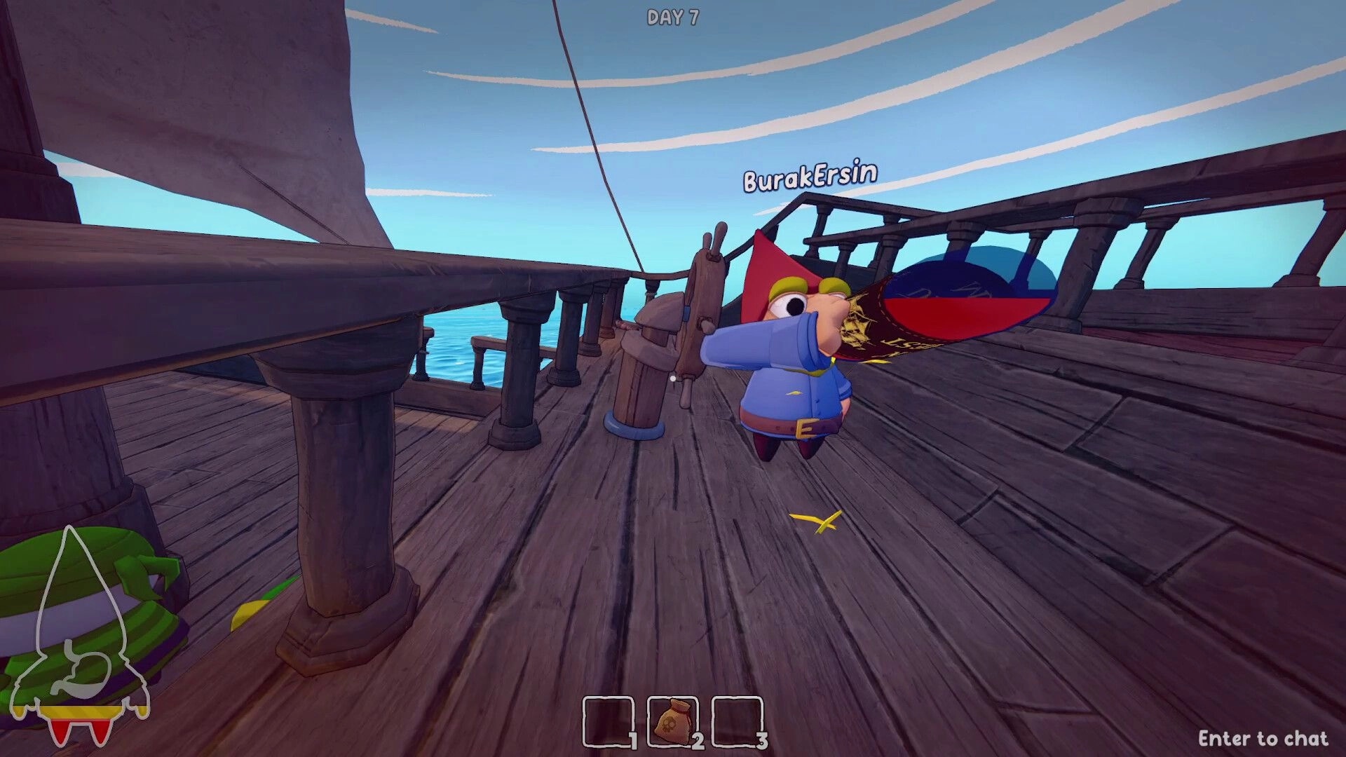 Grr Grr Gnomes: BurakErsin gnome vomits on ship deck by wheel, Day 7 UI and hotbar visible.