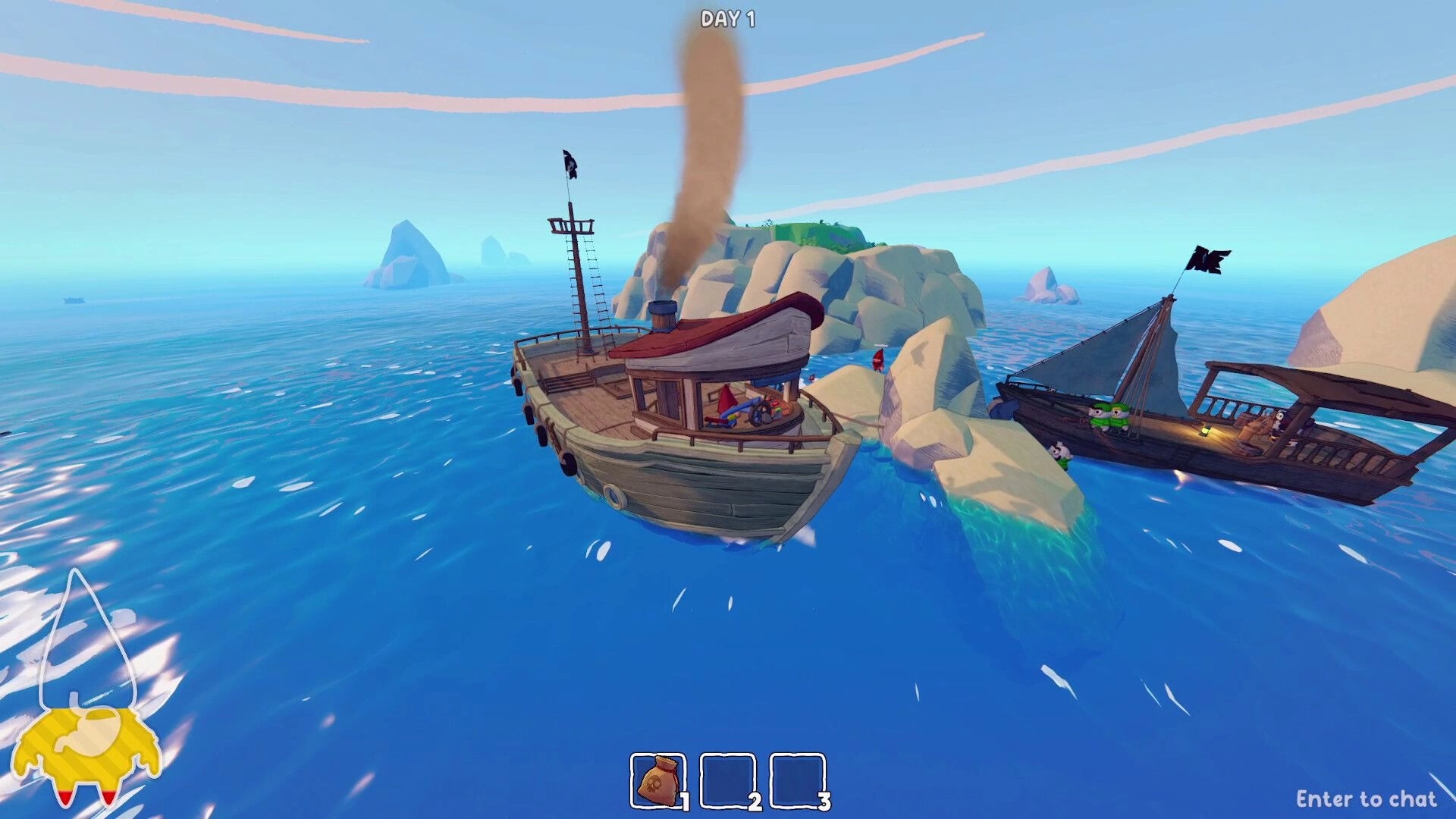 Grr Grr Gnomes: Two small boats collide by rocky island cliffs on open sea, Day 1 HUD visible.