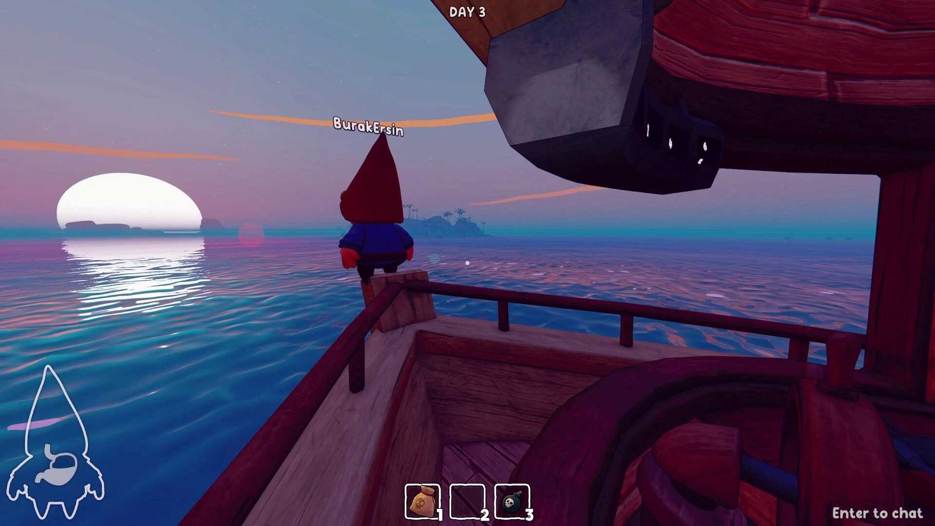 Grr Grr Gnomes: Gnome BurakErsin stands on a ship rail at sunset, island ahead, Day 3 HUD visible.