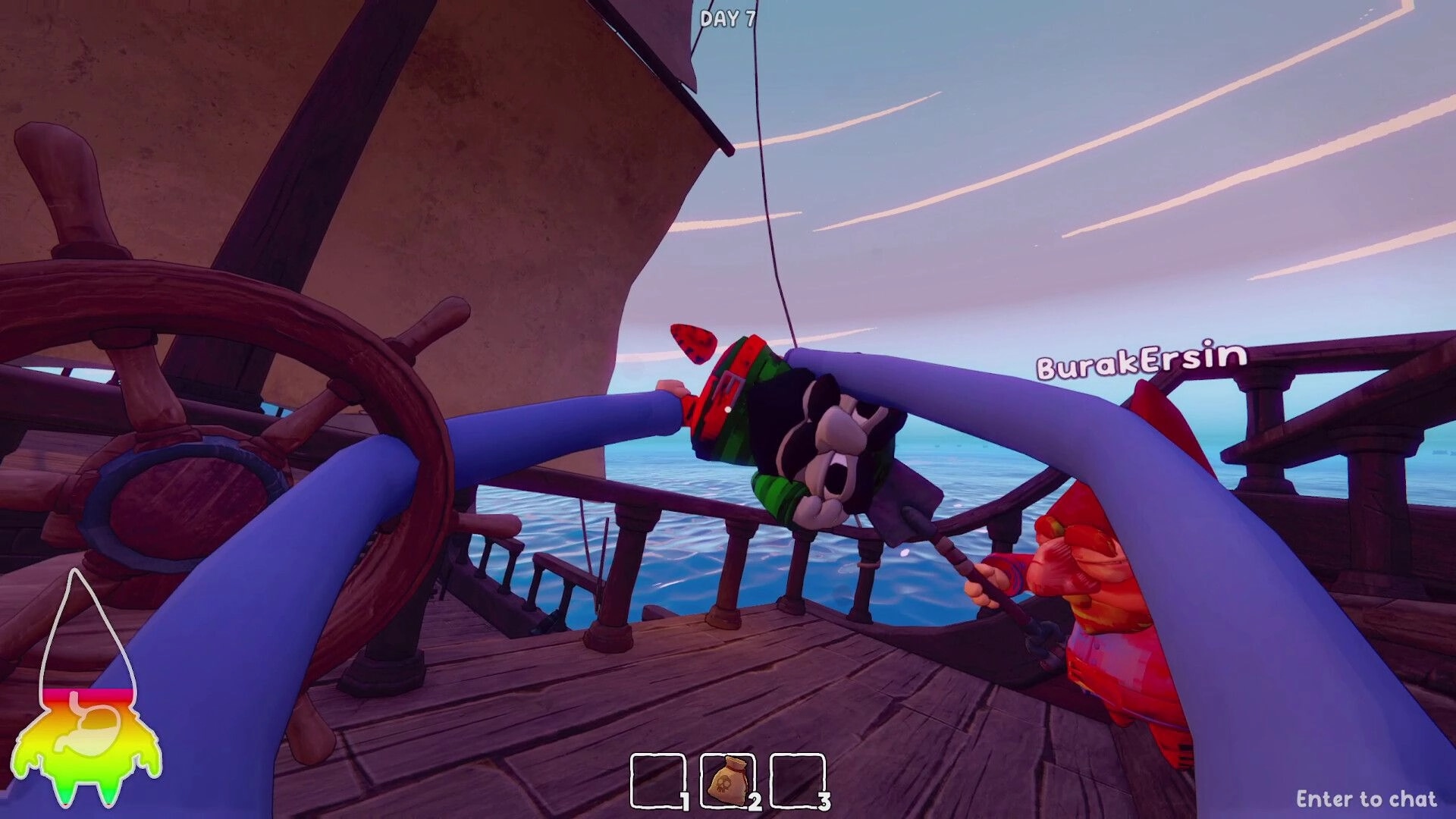 Grr Grr Gnomes: Player swings mallet at tentacles on ship deck, Day 7 UI over open ocean sky.