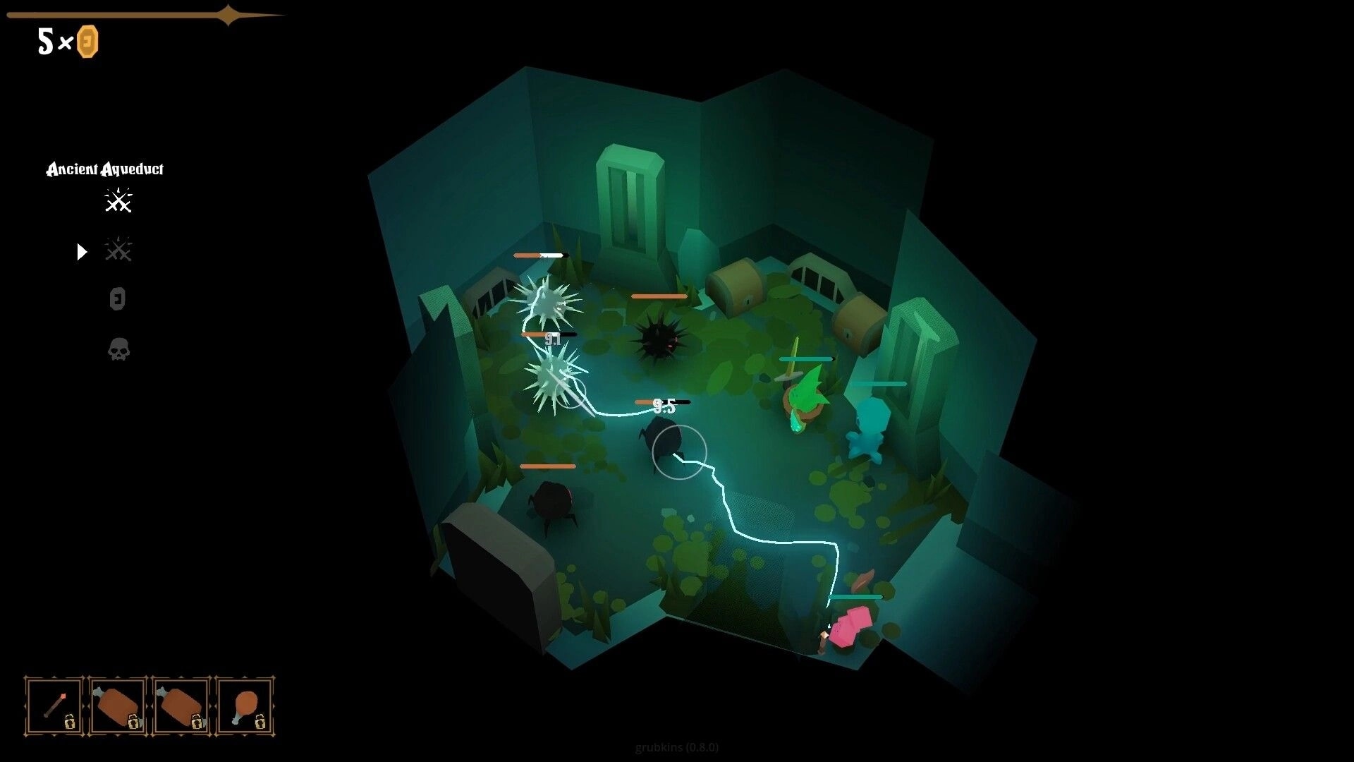grubkins: party fights spiky enemies with lightning tether in Ancient Aqueduct dungeon room UI.