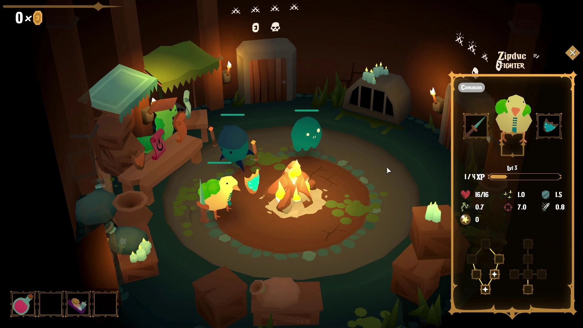 grubkins: Zipduc fighter stats panel open beside party around campfire in torchlit cave room.