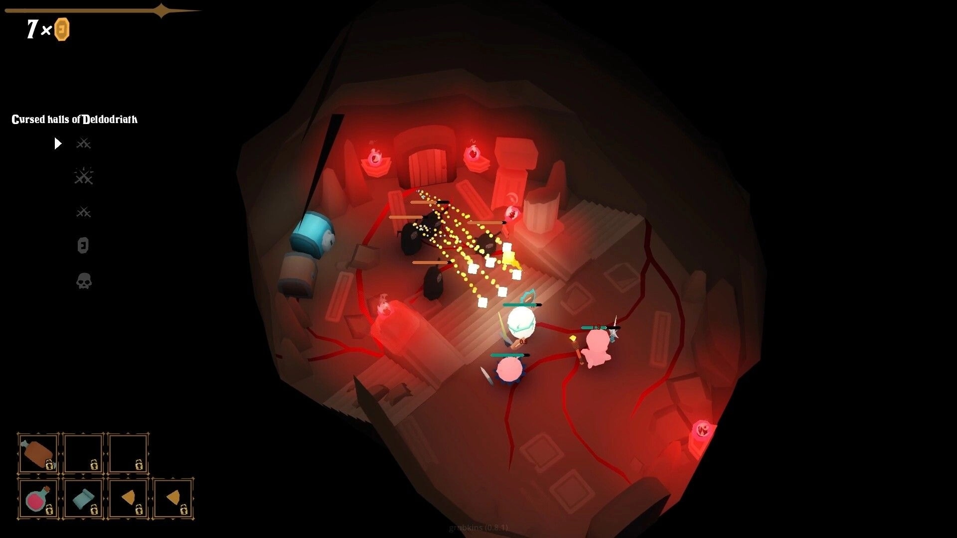 grubkins: auto-battle in Cursed Halls with three runts firing at black enemies in red dungeon room.