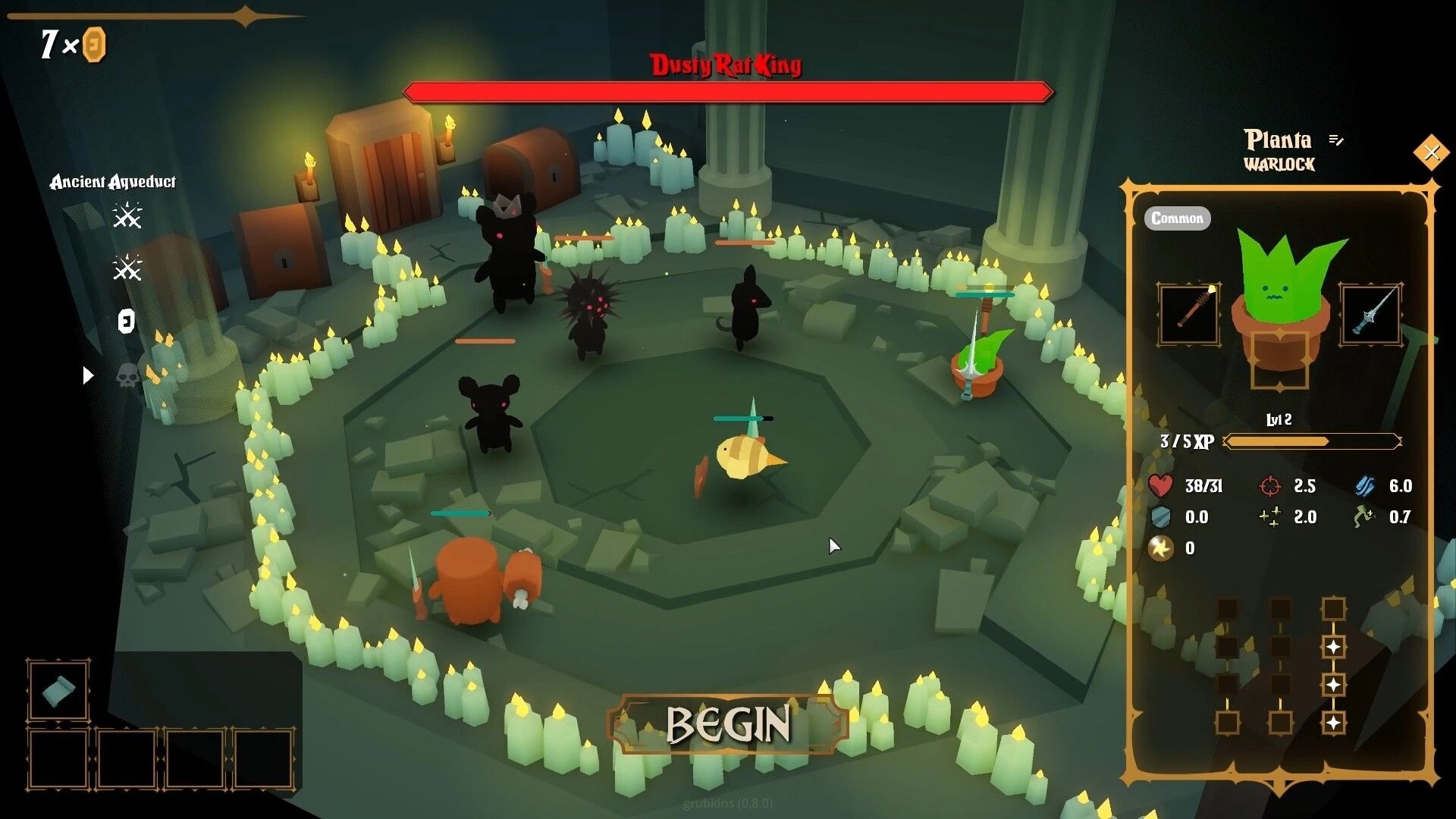 grubkins: Party faces Dusty Rat King boss with BEGIN button and Planta stats in candlelit arena.