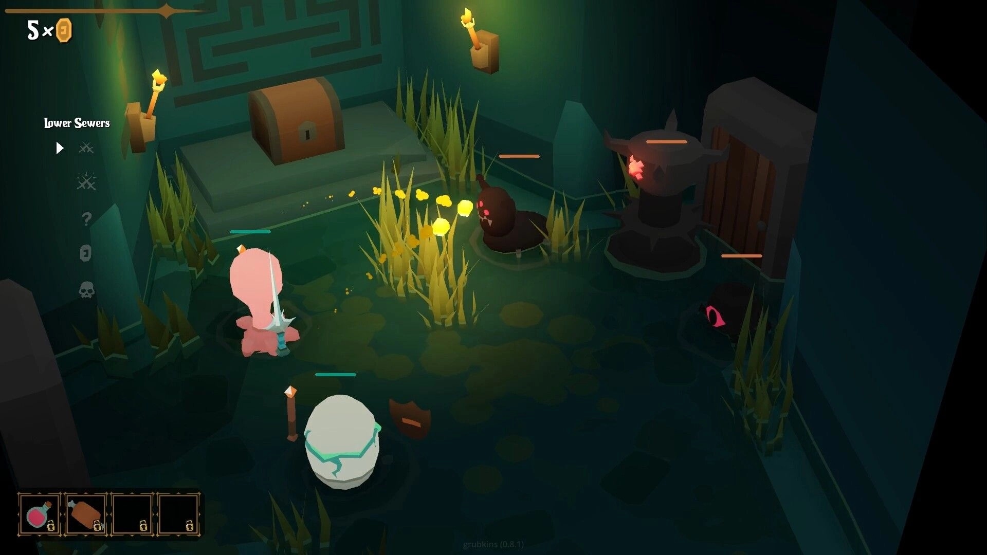 grubkins: party of two runts with health bars facing sewer monsters near chest in Lower Sewers room.