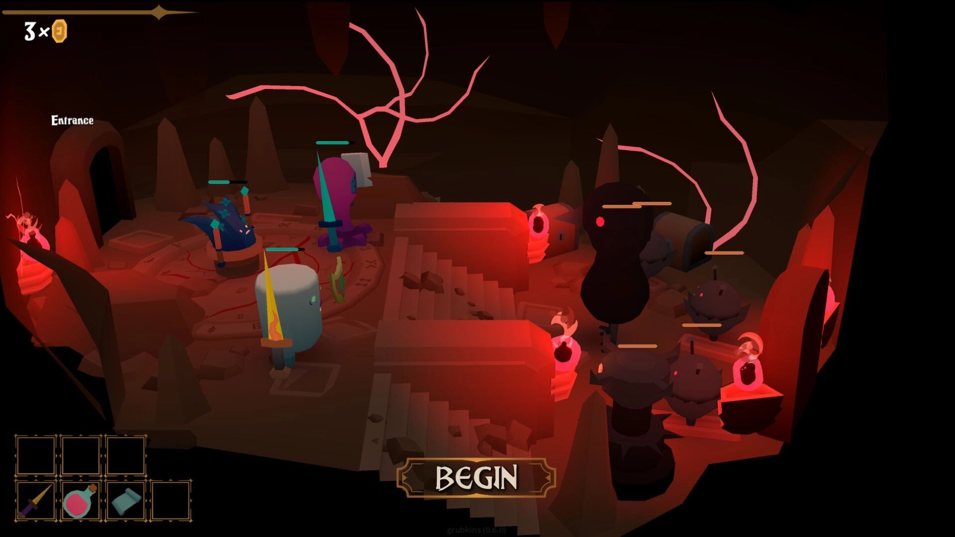 grubkins: party of runts faces shadowy enemies near a BEGIN button in red-lit dungeon entrance room.