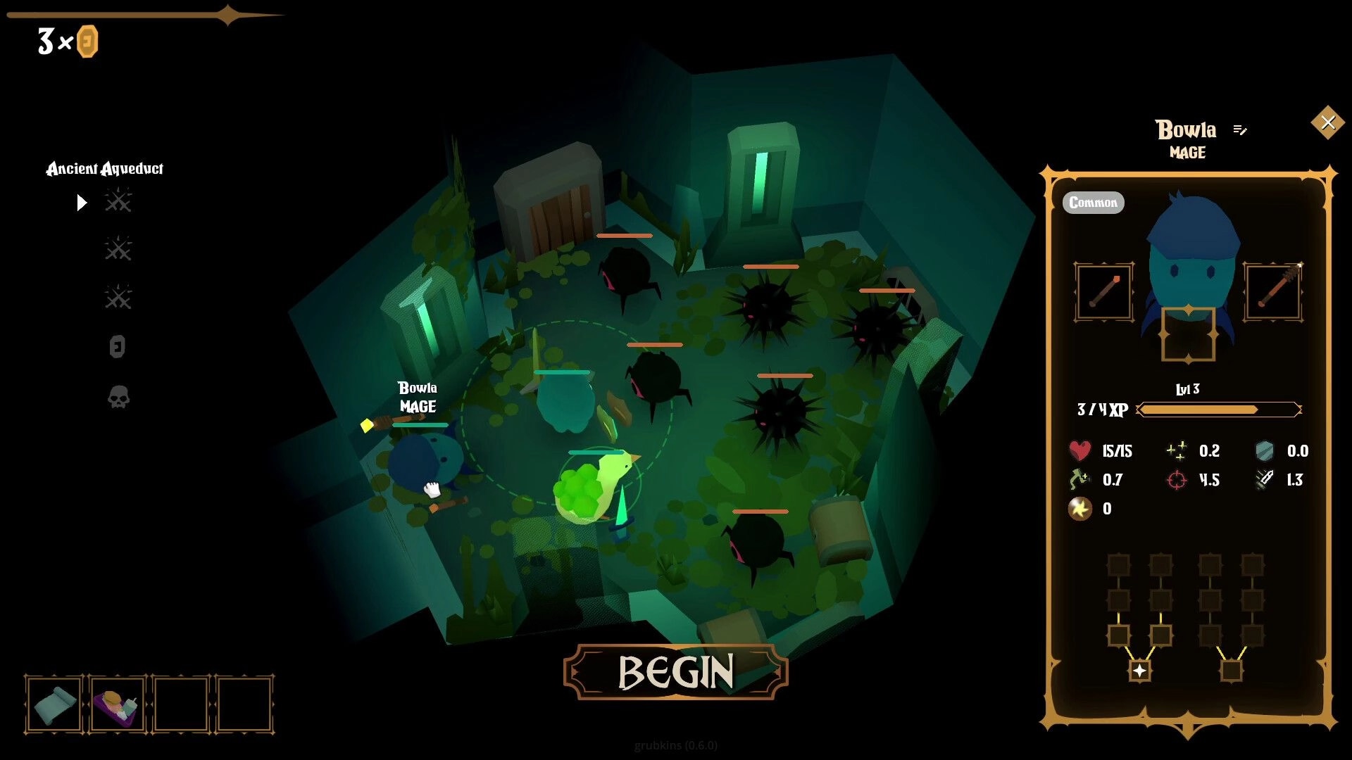 grubkins: Bowla the mage selected with stats panel and Begin button in Ancient Aqueduct room battle setup.