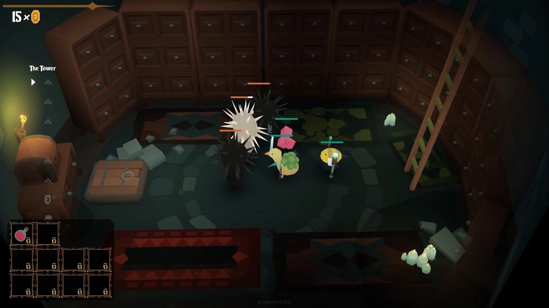 grubkins: party fights spiky shadow foes with health bars in drawer-lined tower room with ladder.