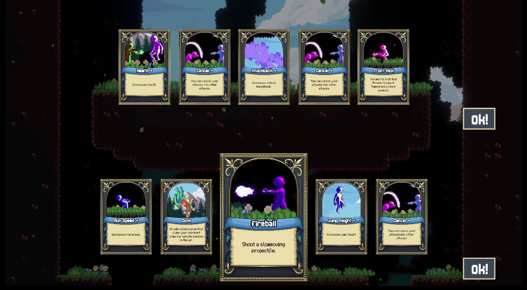 GU Fighters: Ability selection screen with various combat cards displayed in a forest setting