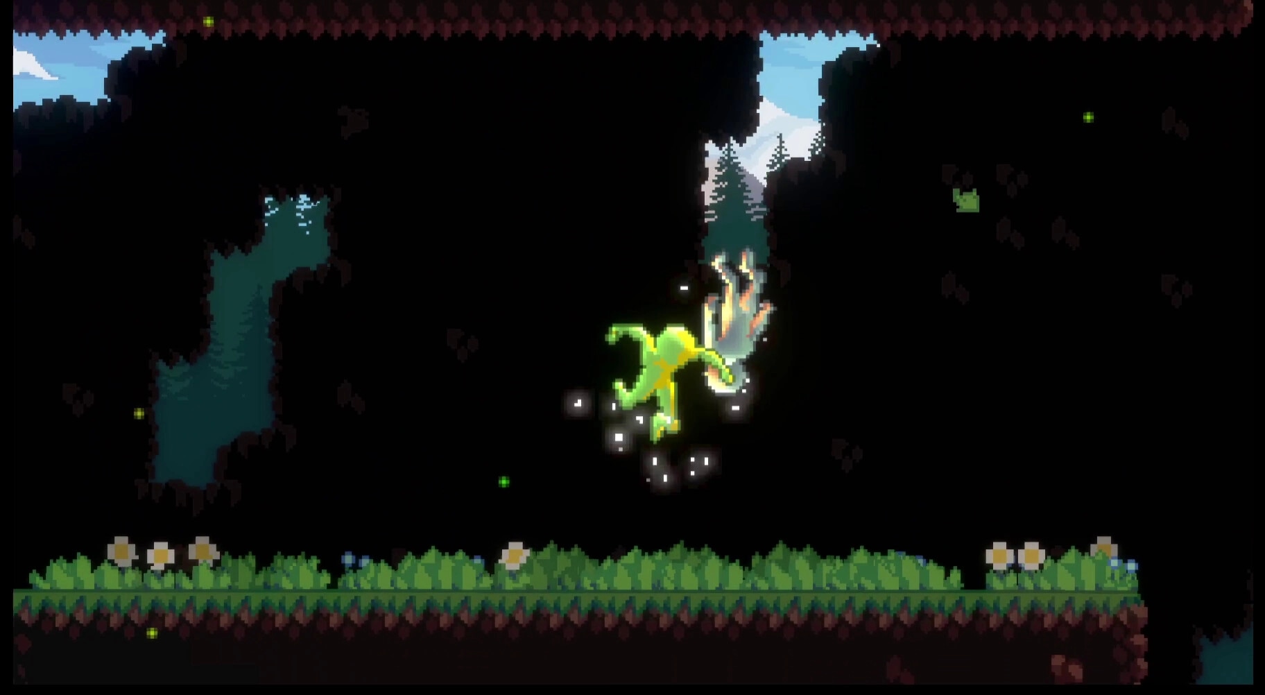 GU Fighters: Character in mid-air attack surrounded by sparkles in a dark cave with forest background