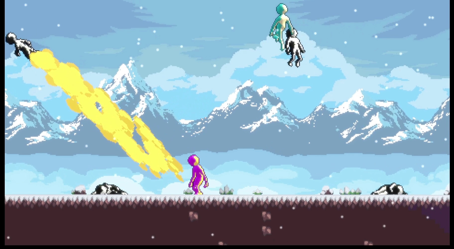 GU Fighters: Characters in mid-air combat against snowy mountain backdrop with bright energy effects