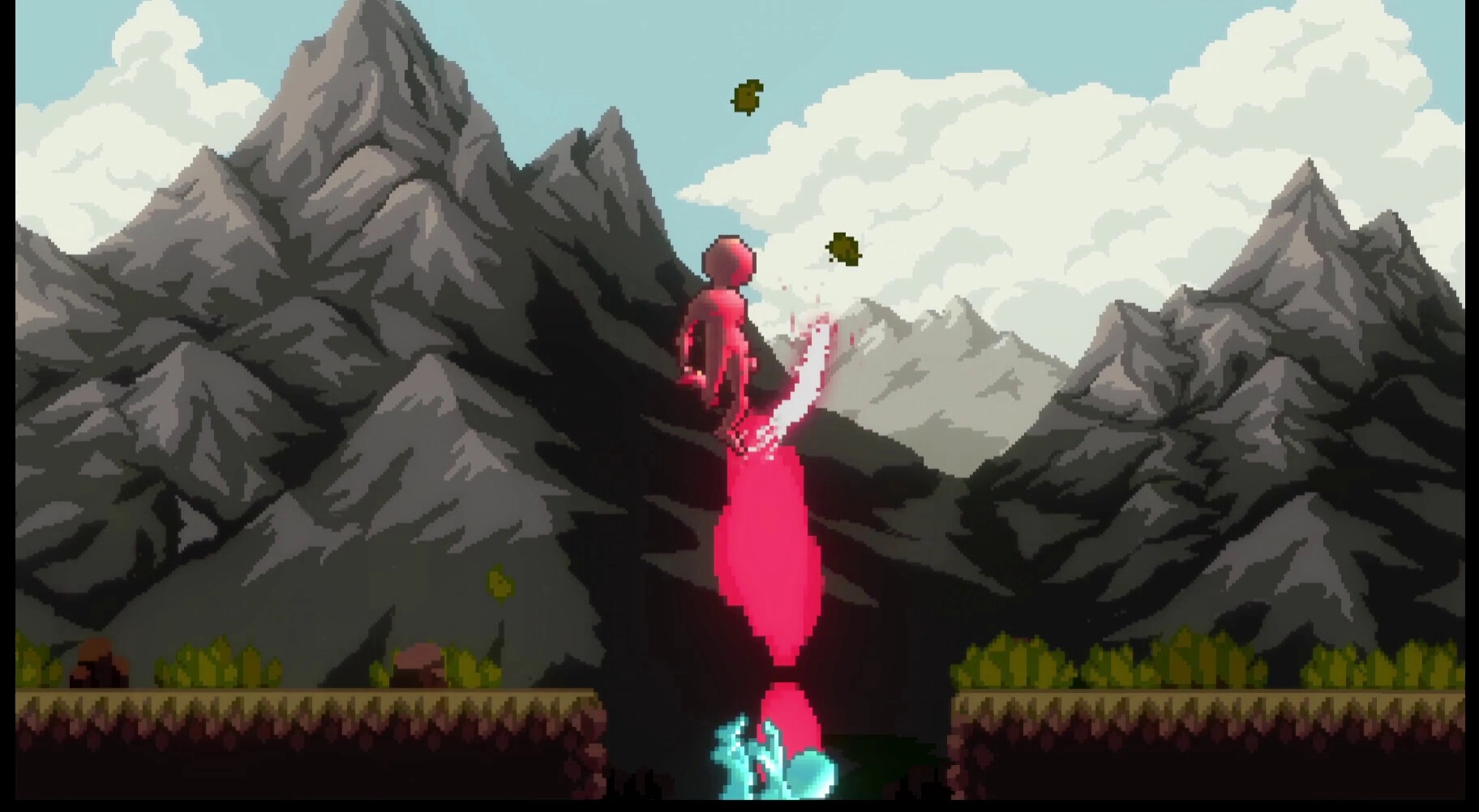 GU Fighters: Character leaps with energy burst in mountain landscape with pixel art style