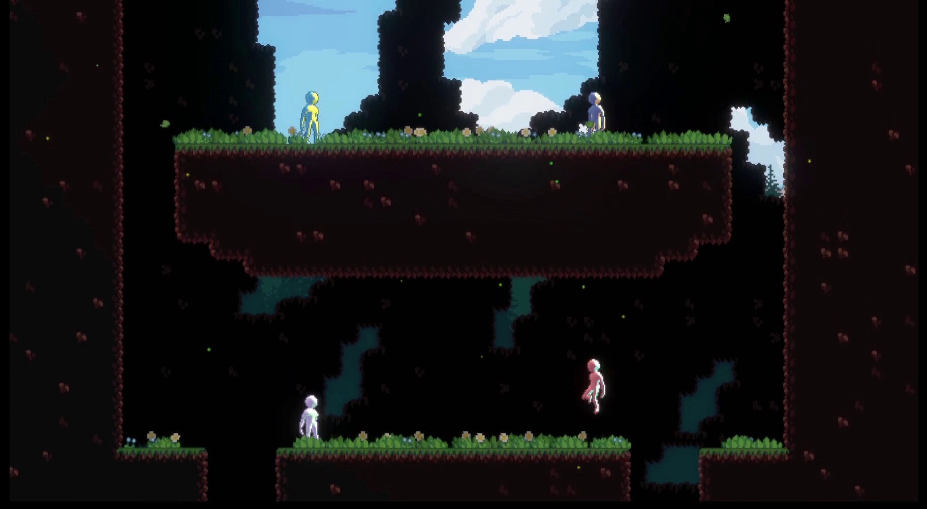 GU Fighters: Four characters explore multi-level cavern with grassy platforms and dark rock walls
