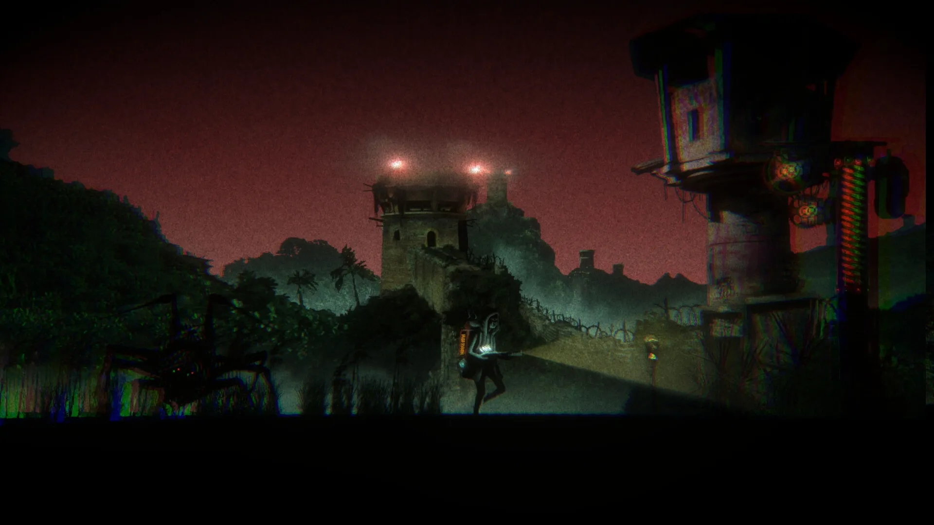 Guaishou 怪兽: Lone explorer with lumen rifle investigates eerie tower in abandoned city at dusk.