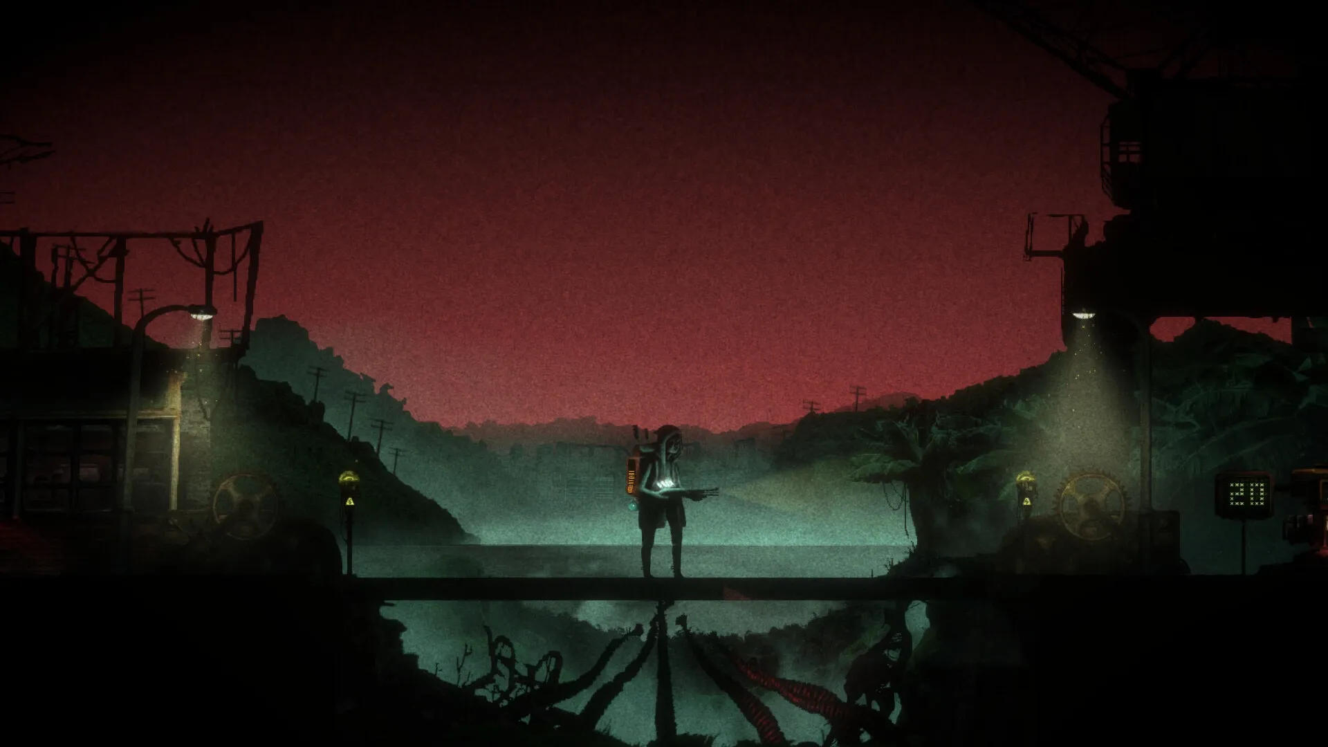 Guaishou 怪兽: Lone character with lumen rifle on bridge in eerie, abandoned city at dusk.