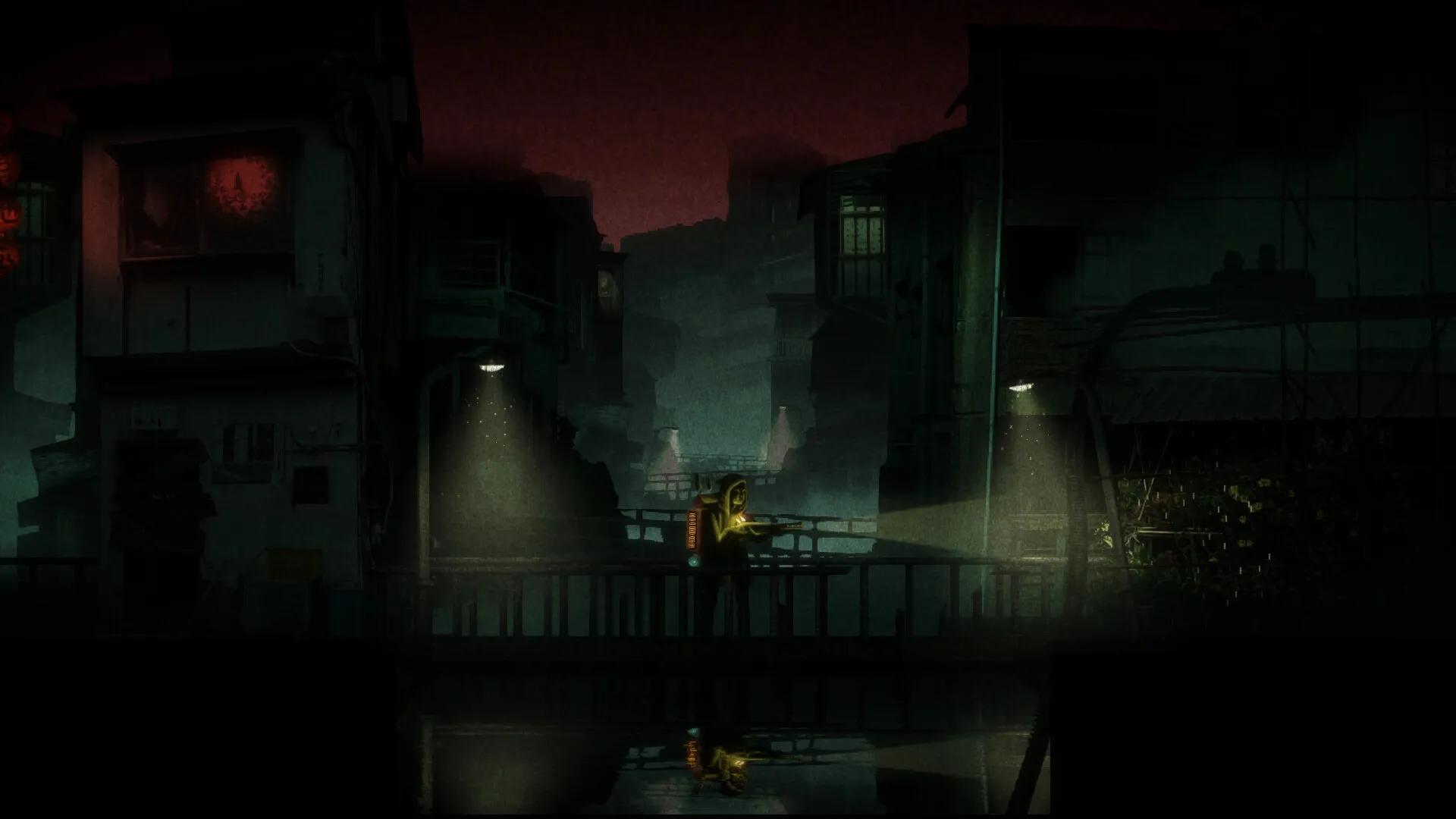 Guaishou 怪兽: Player with lumen rifle explores dark, abandoned city street under dim streetlights.
