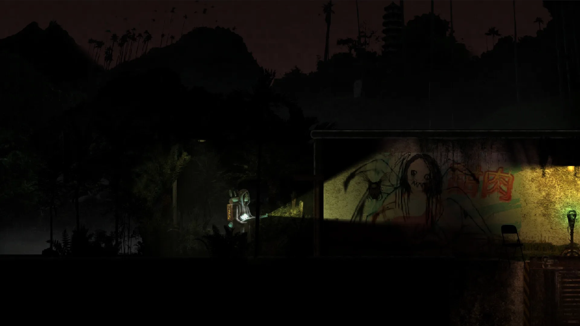 Guaishou 怪兽: Player with lumen rifle explores dark, overgrown city street with eerie wall graffiti