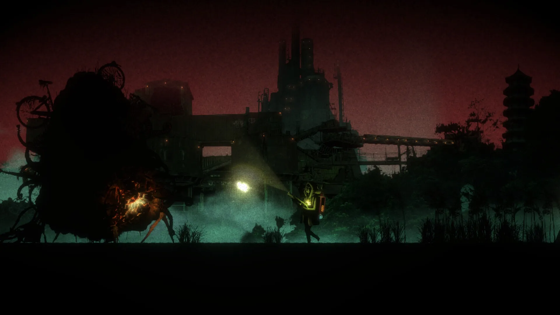 Guaishou 怪兽: Lumen rifle illuminates mutant silhouette in eerie industrial cityscape at dusk.