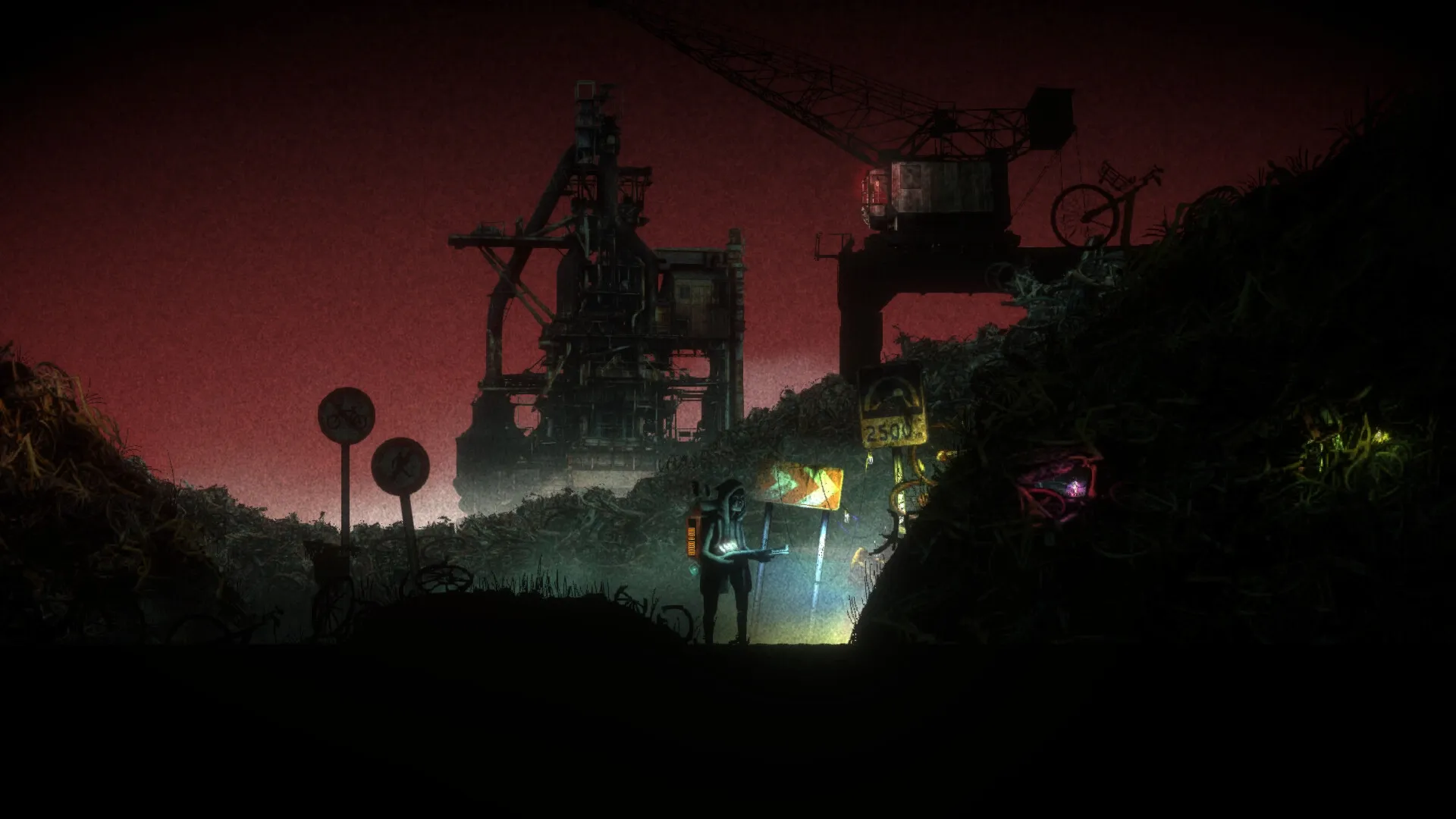 Guaishou 怪兽: Character with lumen rifle exploring industrial ruins under eerie red sky.
