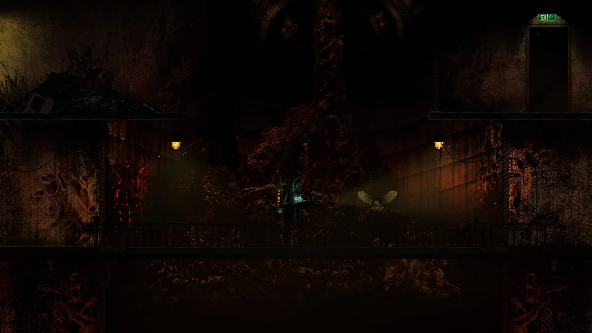 Guaishou 怪兽: Player with lumen rifle faces giant insect in dark, decaying tunnel with exit sign above.