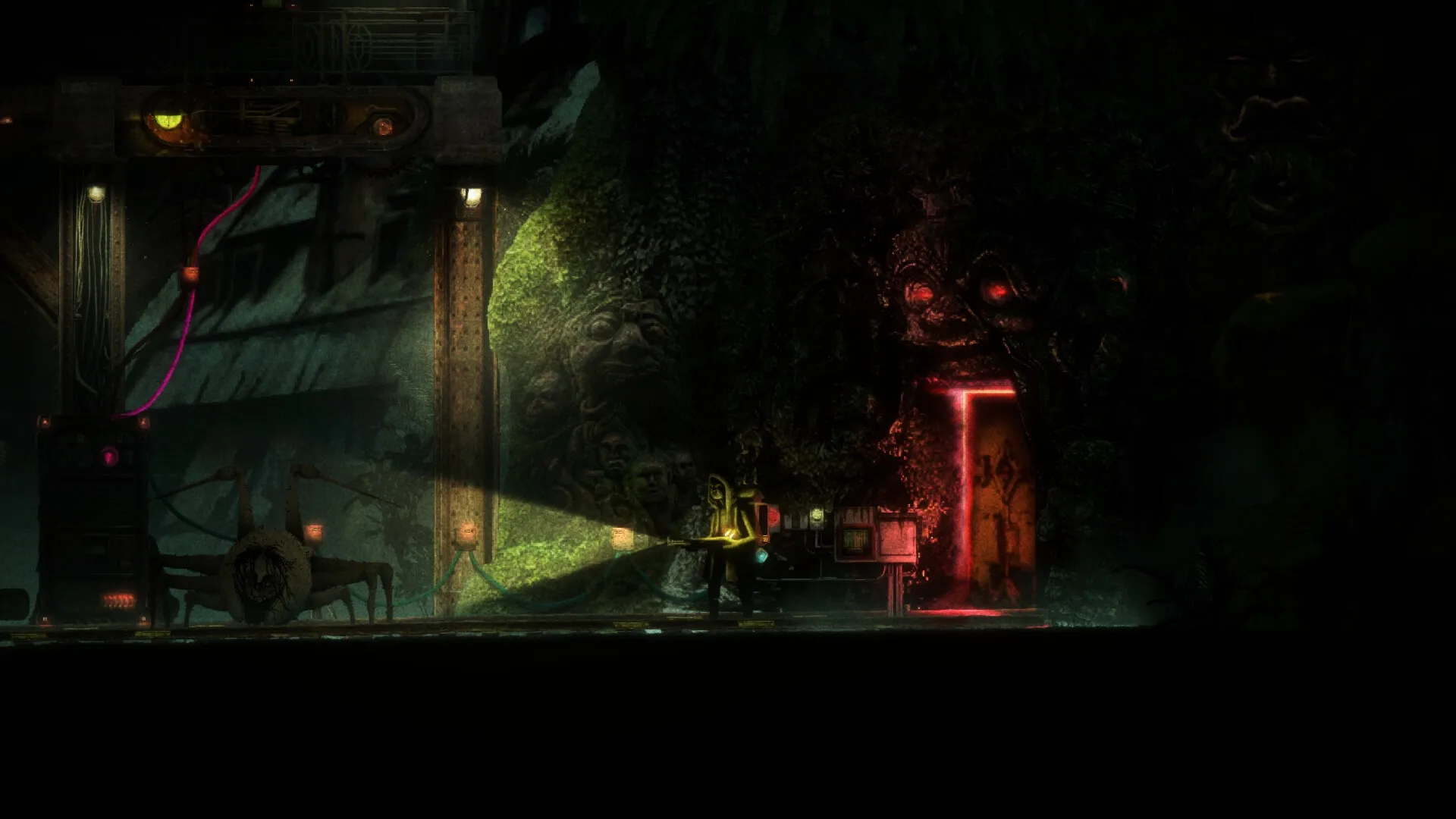 Guaishou 怪兽: Player with lumen rifle explores eerie corridor with glowing red door and grotesque faces.