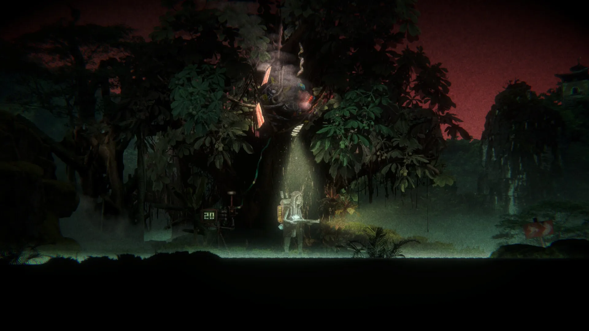 Guaishou 怪兽: Character exploring dark forest with lumen rifle, mysterious tree and glowing device nearby