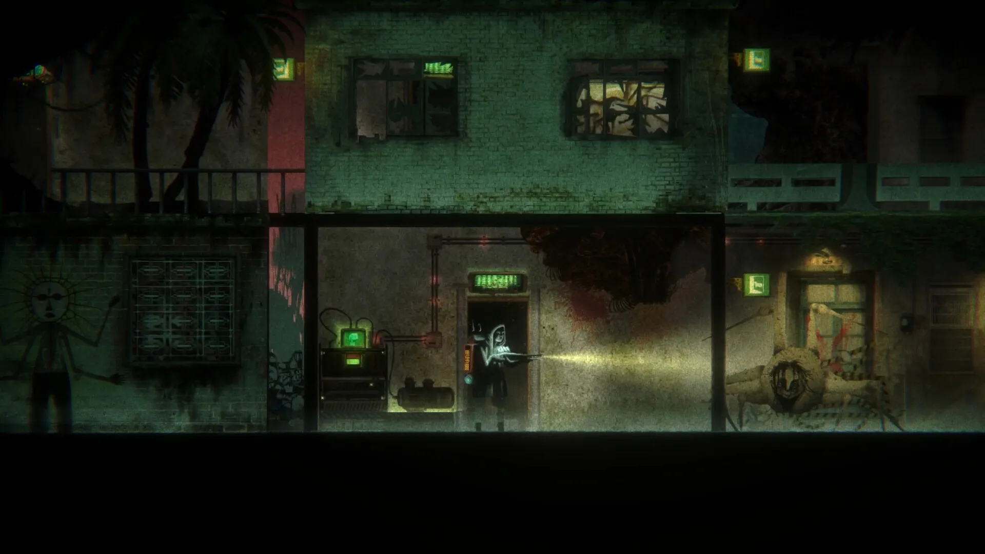 Guaishou 怪兽: Player with lumen rifle explores abandoned building interior, illuminating dark corners.
