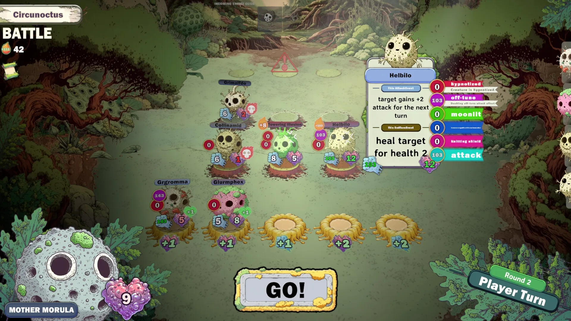 GUG: Battle screen with creatures like Grgramma and Helbilo, action menu and forest background visible.