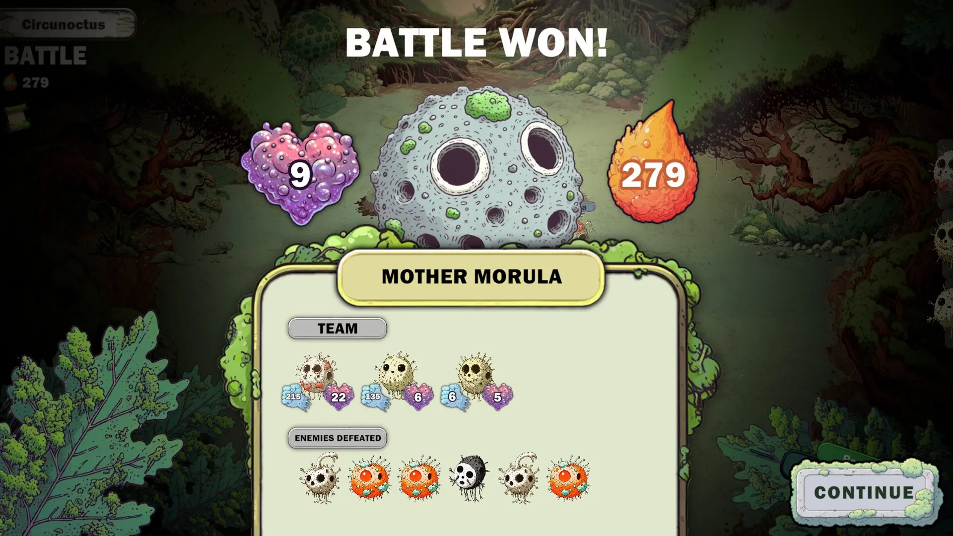 GUG: Victory screen showing Mother Morula with team stats and enemies defeated in a forest setting.